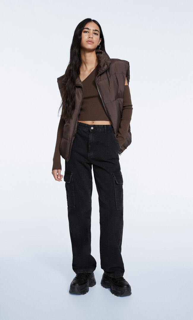 

Stradivarius Jean Cargo Straight Denim Noir Délavé 36