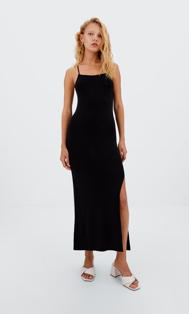 

Stradivarius Langes Strickkleid Mit Geschnürtem Rücken Schwarz Xl