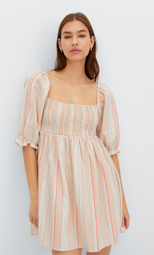 Stradivarius Rustikales Kleid Mit Streifen Ecru L
