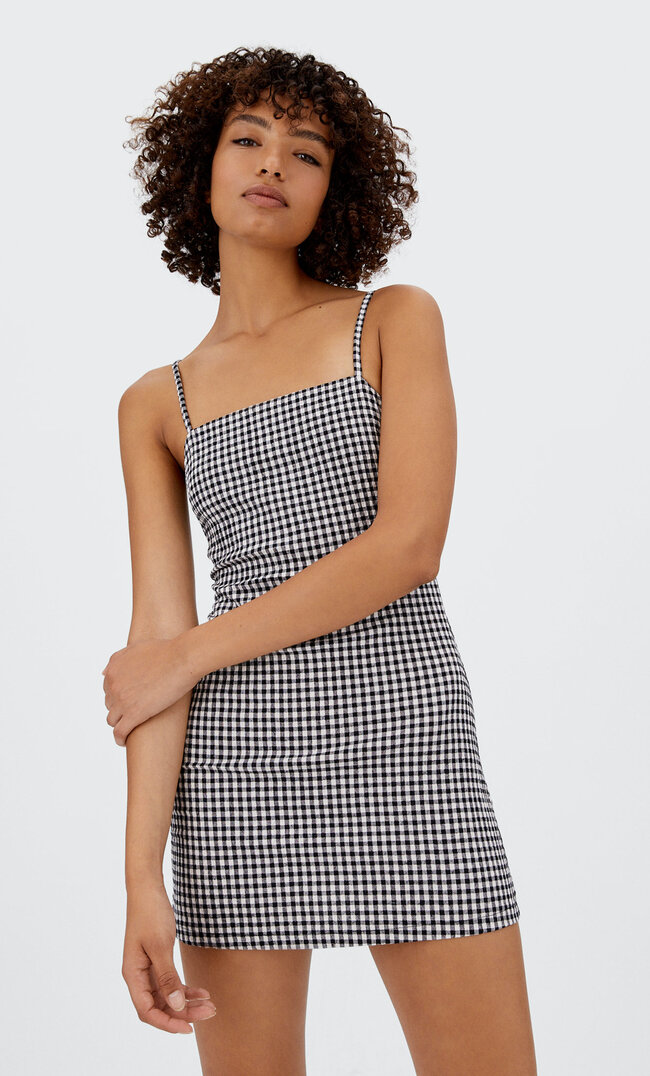 Stradivarius Robe Courte Carreaux Vichy Noir L