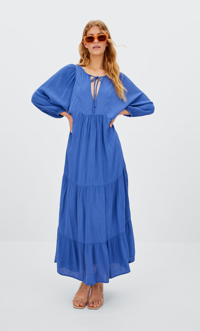

Stradivarius Langes Crêpe-Kleid Blau Xl
