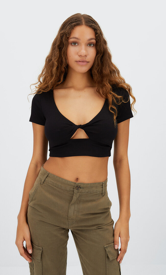 Stradivarius T-Shirt Manches Courtes Croisé Noir M