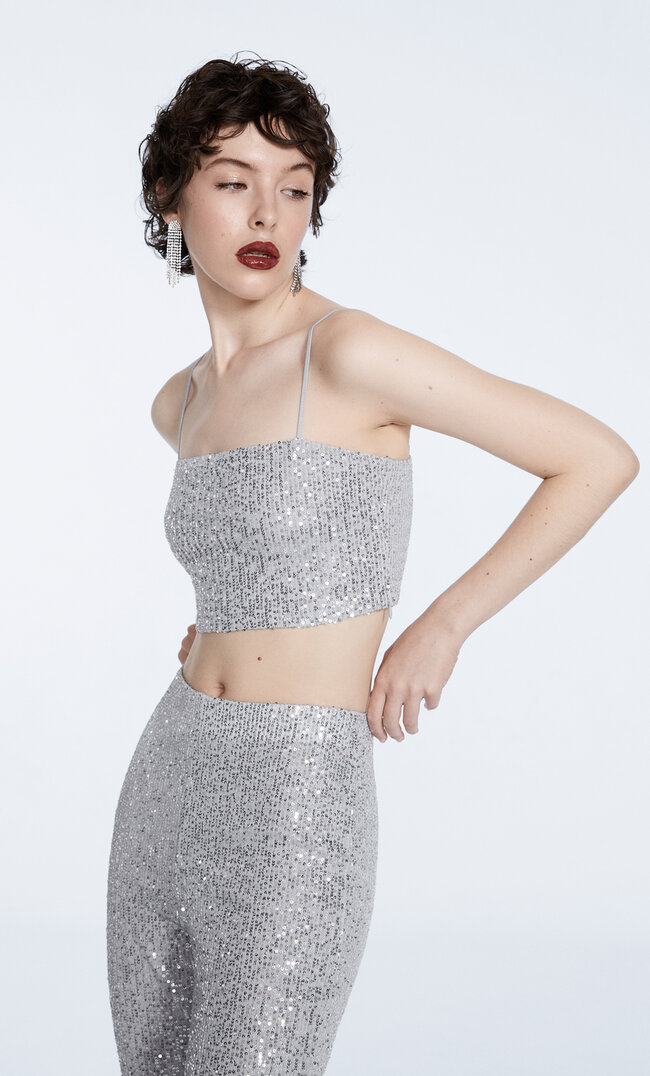 

Stradivarius Cropped-Top Mit Pailletten Perlgrau L