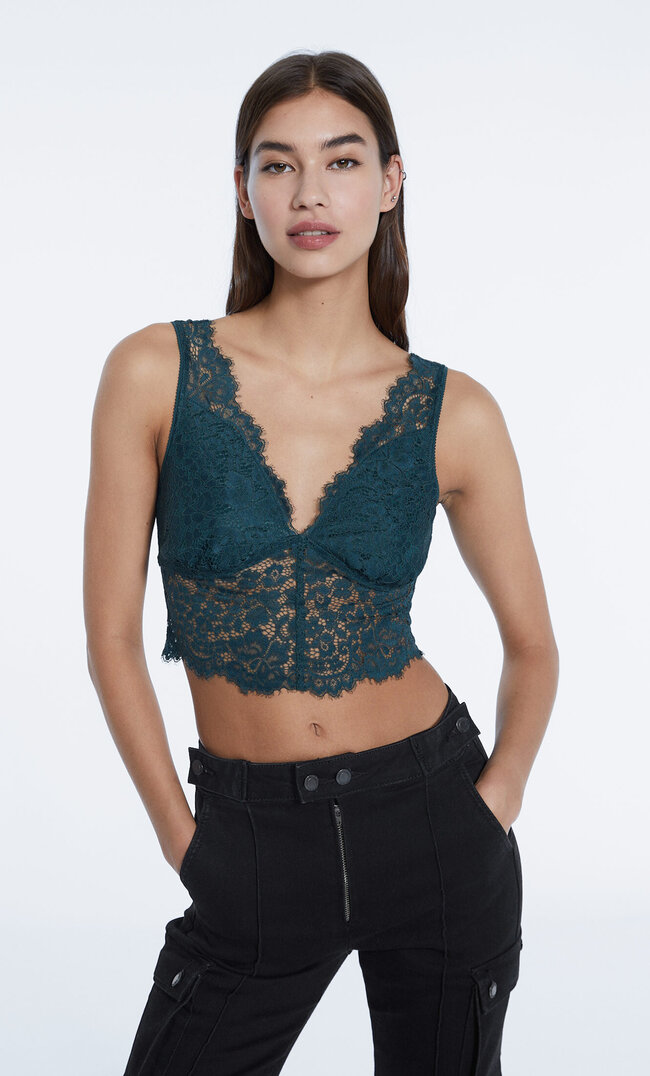 

Stradivarius Bieliźniany Top Sznurowany Z Tyłu Butelkowo-Zielony Xl