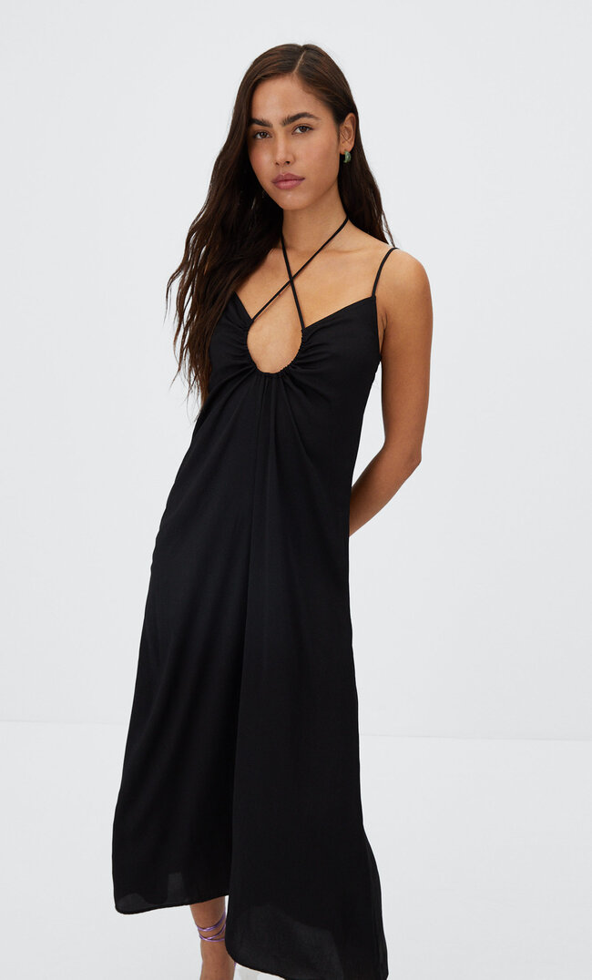 Stradivarius Robe Froncée En Satin Noir S