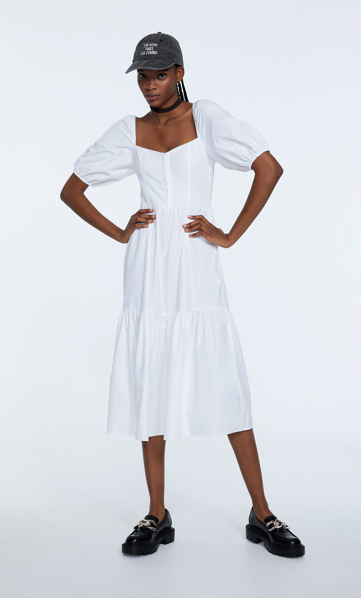 Midi dress with bodice detail and short puff sleeves