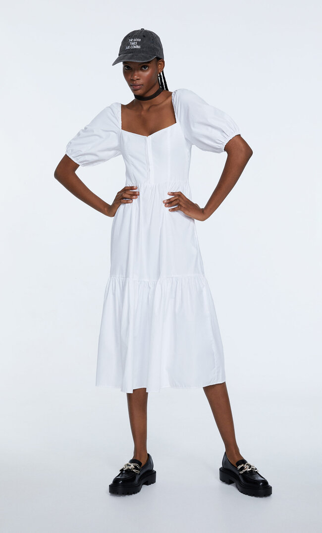 

Stradivarius Robe Midi À Détail Bustier Manches Bouffantes Blanc Xl