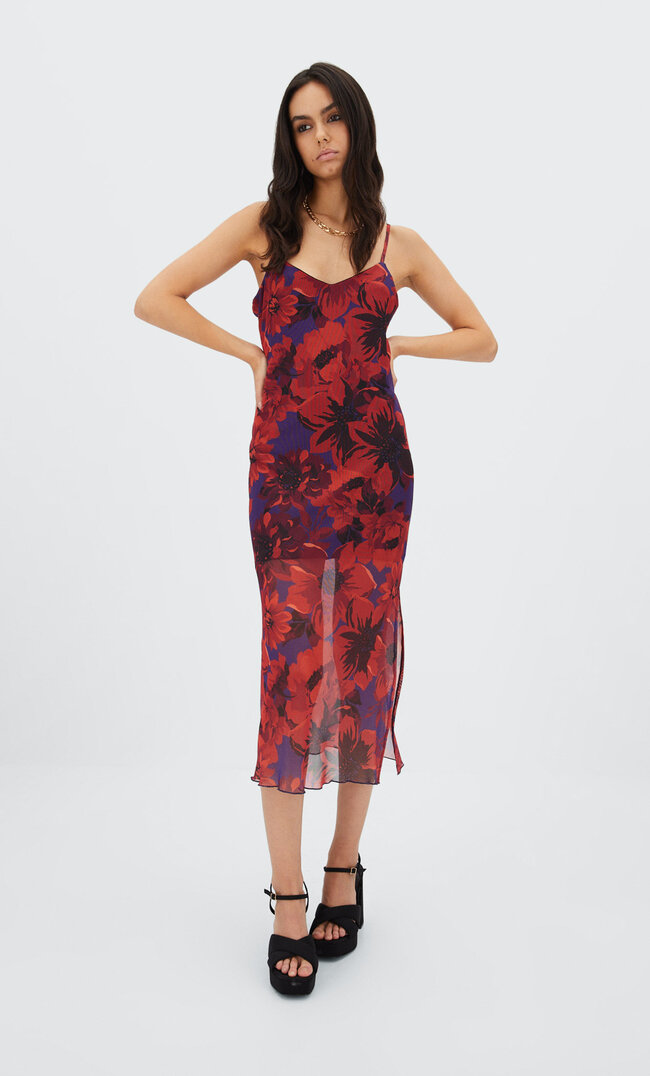 Stradivarius Robe Tulle À Fleurs Orange L