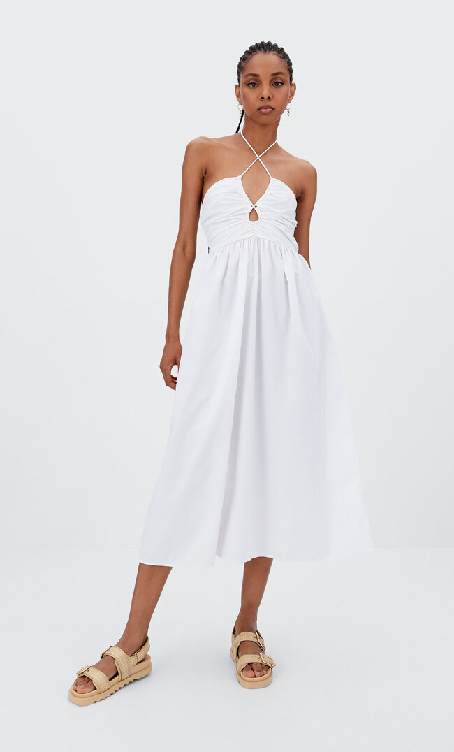 

Stradivarius Robe Midi En Popeline Décolleté Découpé Blanc Xs