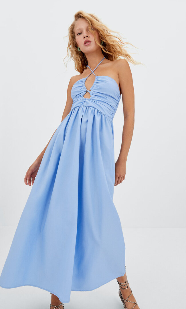 

Stradivarius Robe Midi En Popeline Décolleté Découpé Bleu Ciel Xl