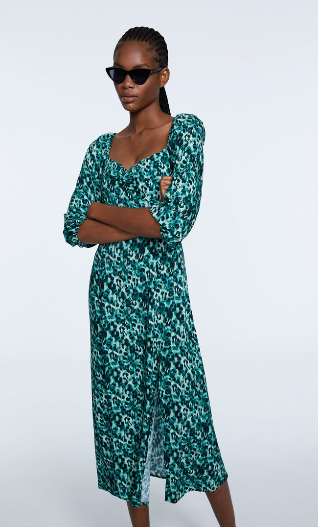 Stradivarius Robe Midi Encolure Cœur Vert L