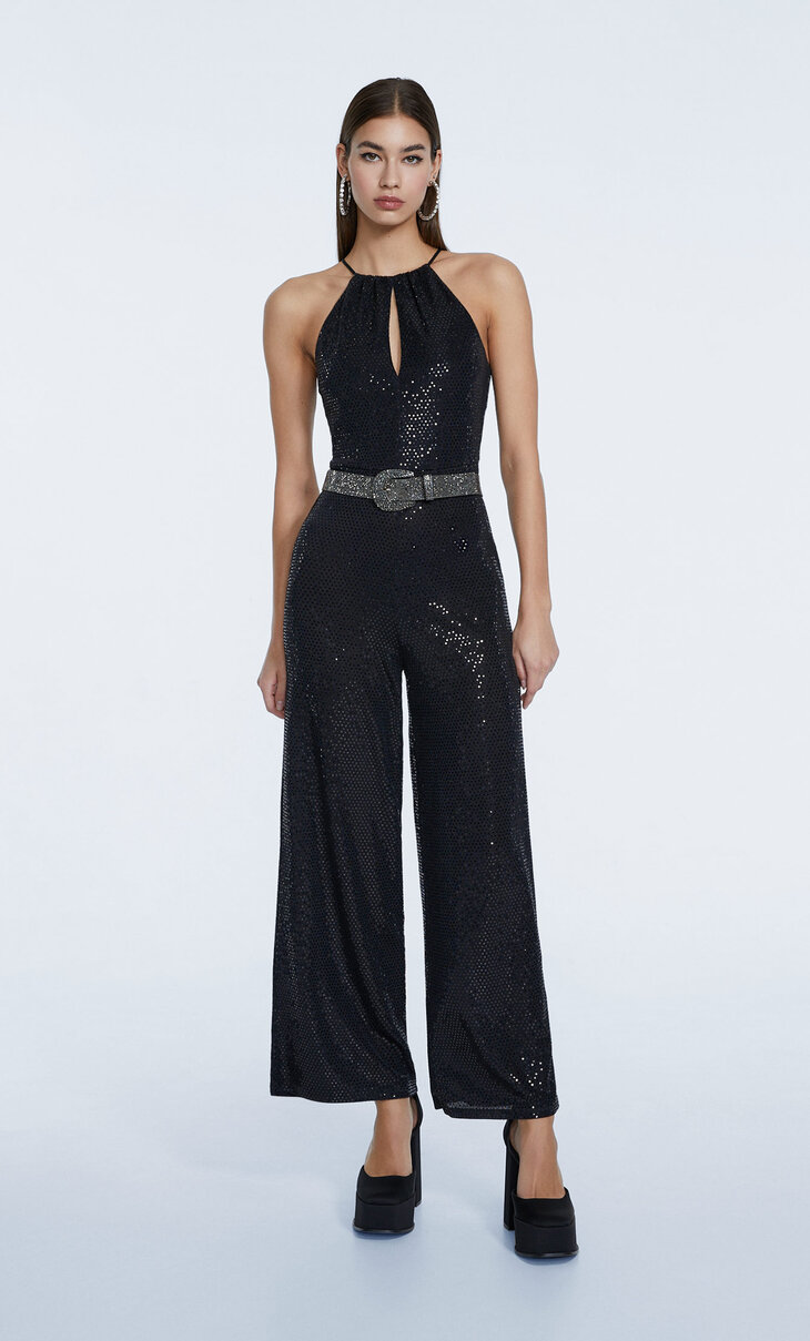 Halter jumpsuit with cut-out detail in embellished fabric