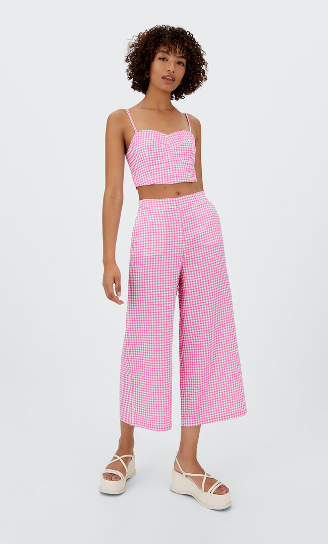 

Stradivarius Spodnie Culotte W Kratkę Vichy Cukierkowy Róż Xl