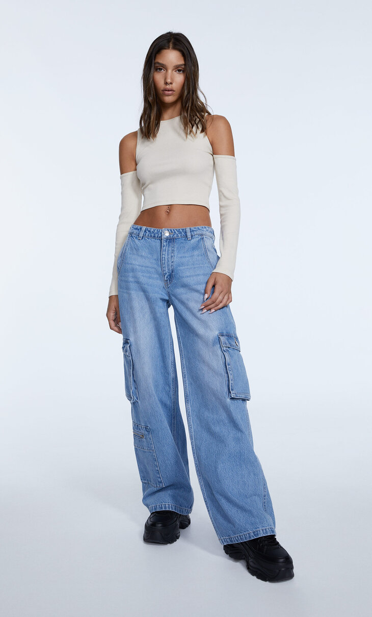 Wide leg cargo-jeans