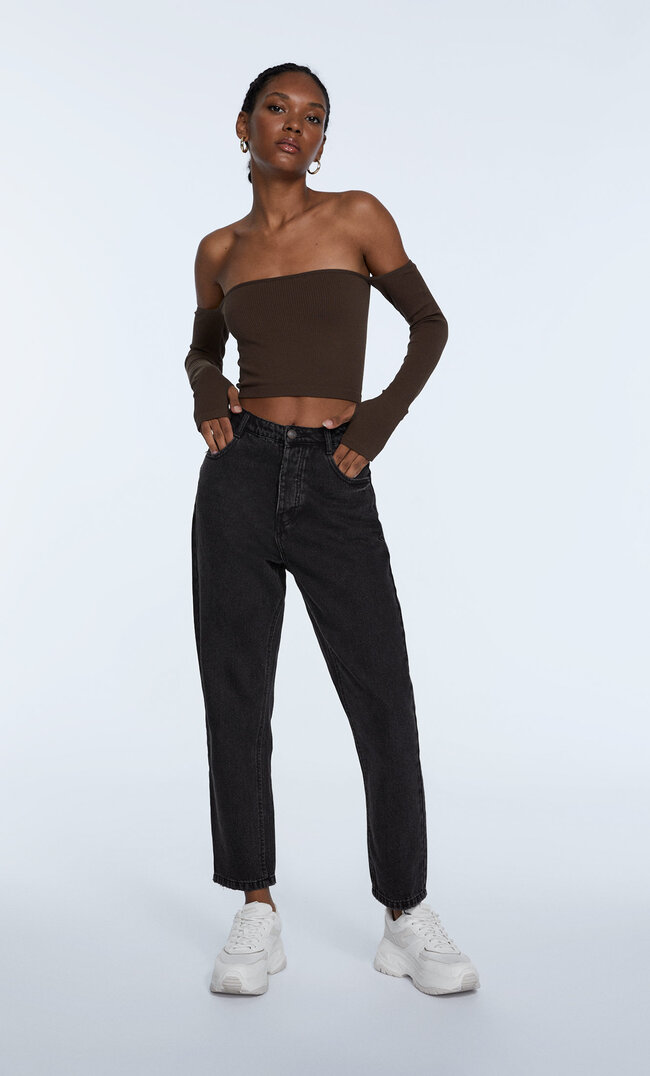 

Stradivarius Jeansy Mom Fit Czarny Denimowy Sprany 34