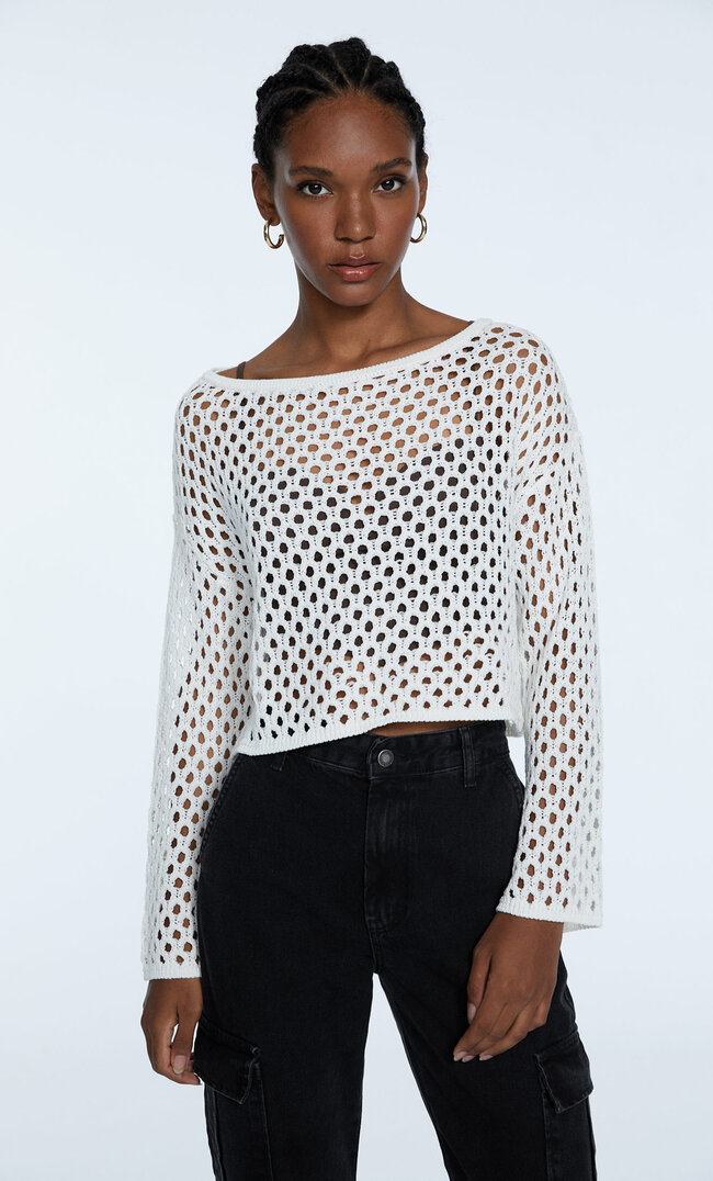Stradivarius Pull En Maille Ajourée Écru Xs