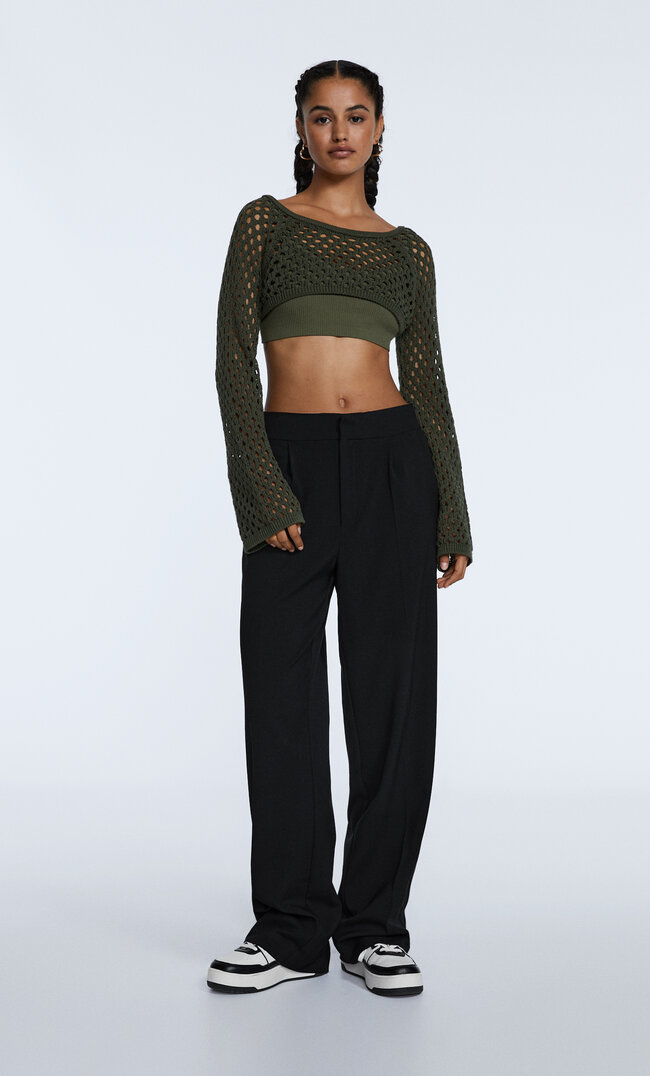 

Stradivarius Top Z Siateczkowej Dzianiny Khaki M