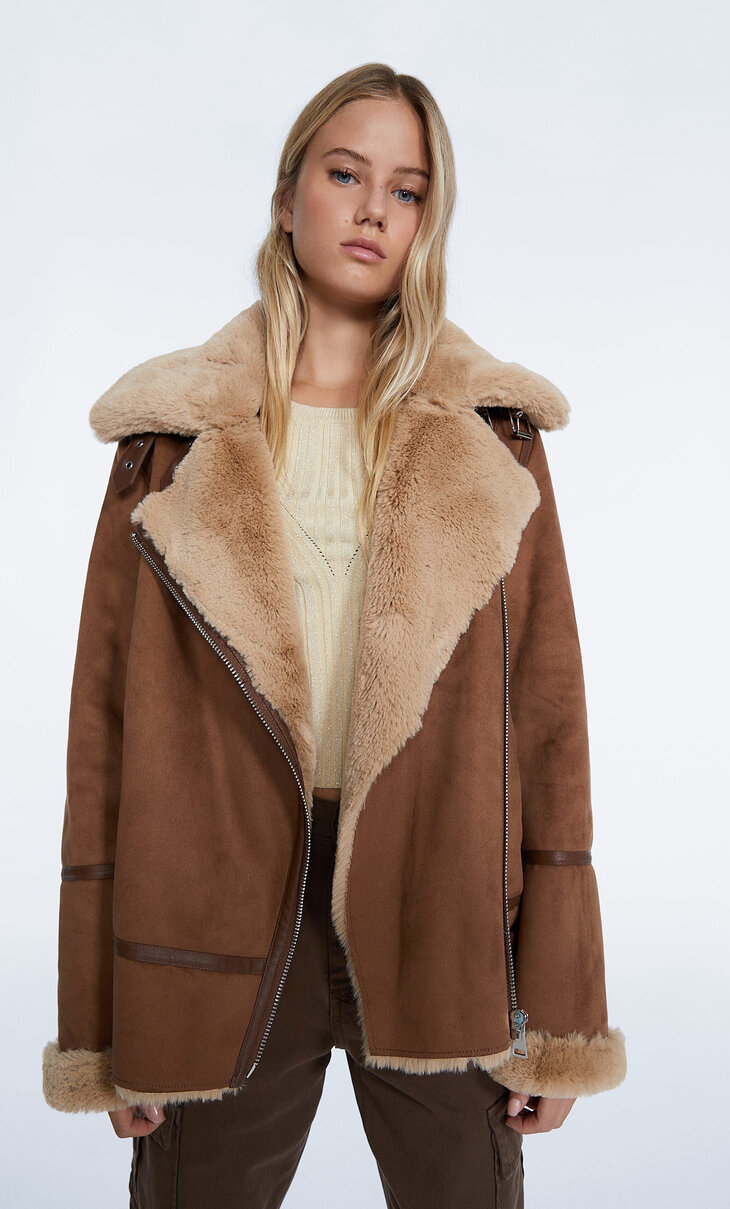 Soft faux fur double-faced biker jacket 