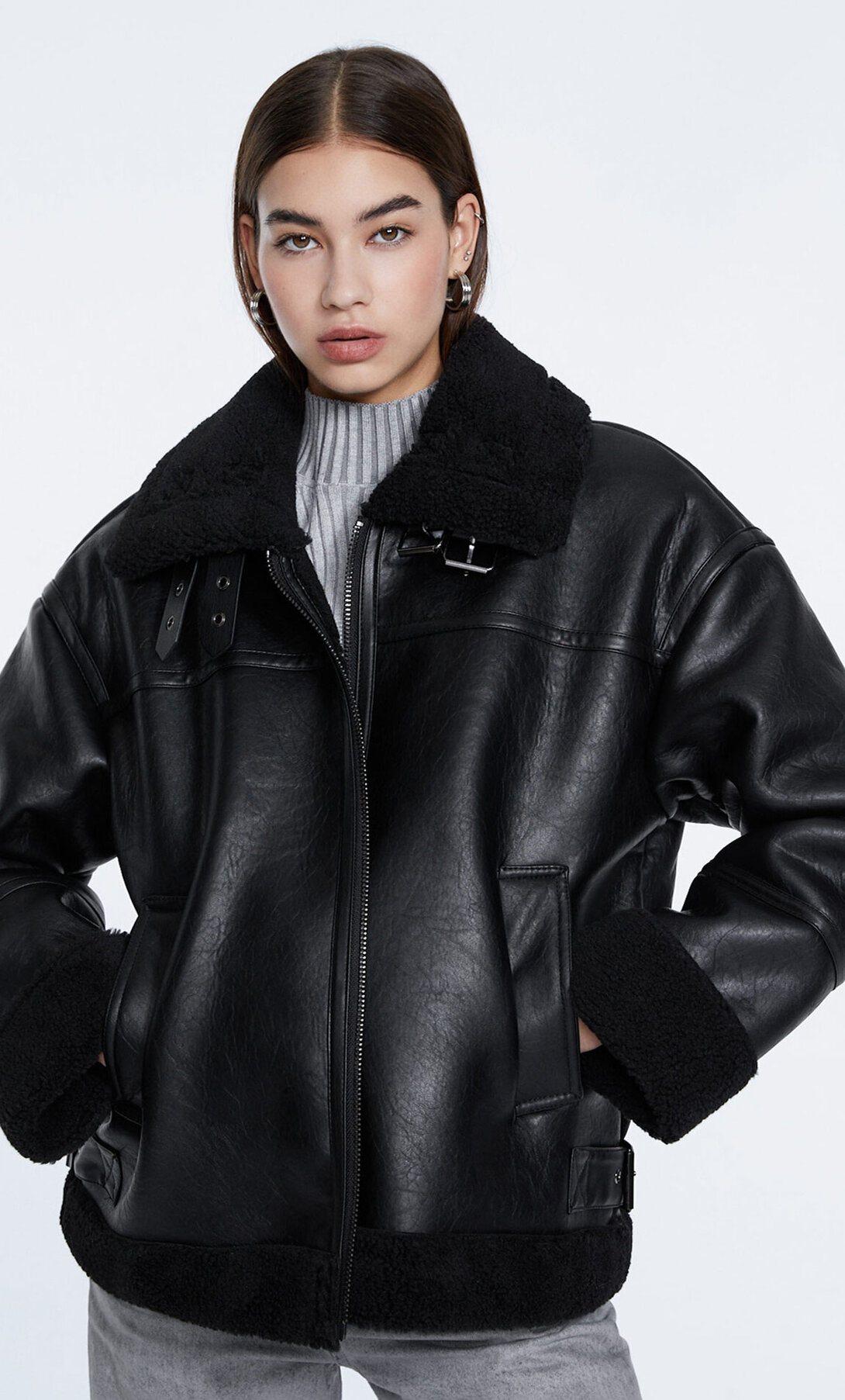 Oversize faux shearling aviator jacket 