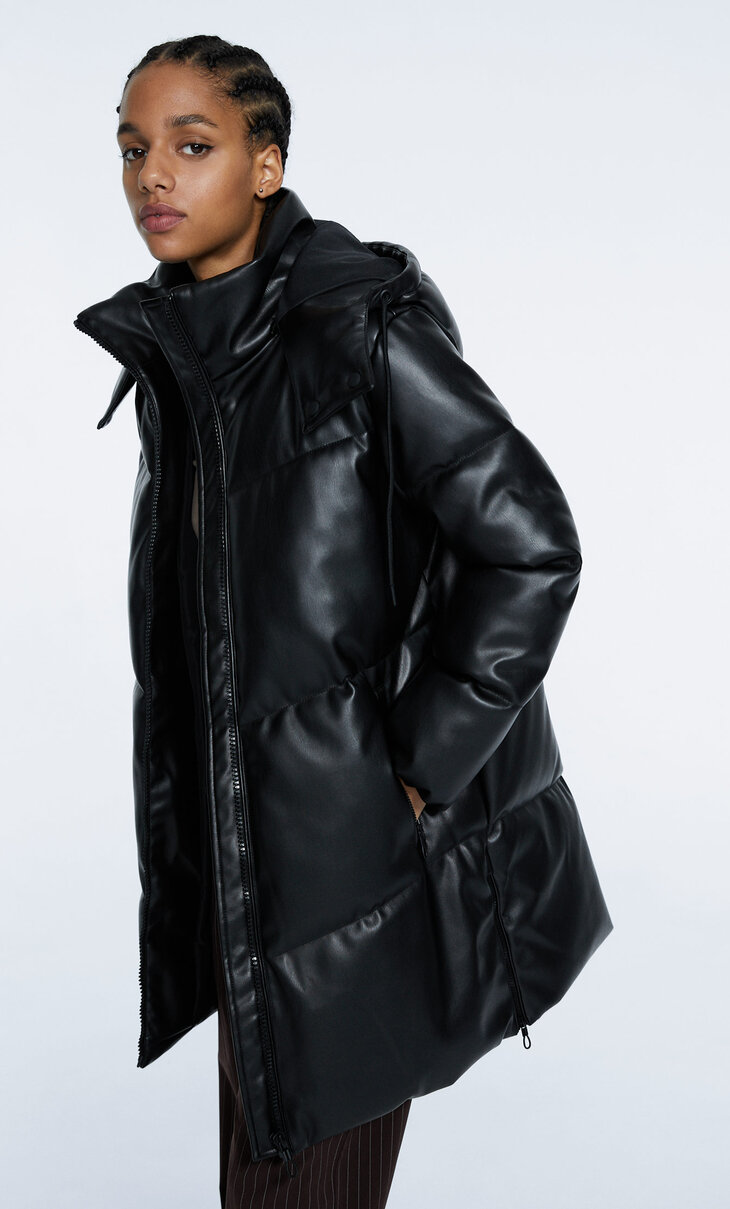 Long faux leather puffer coat with hood
