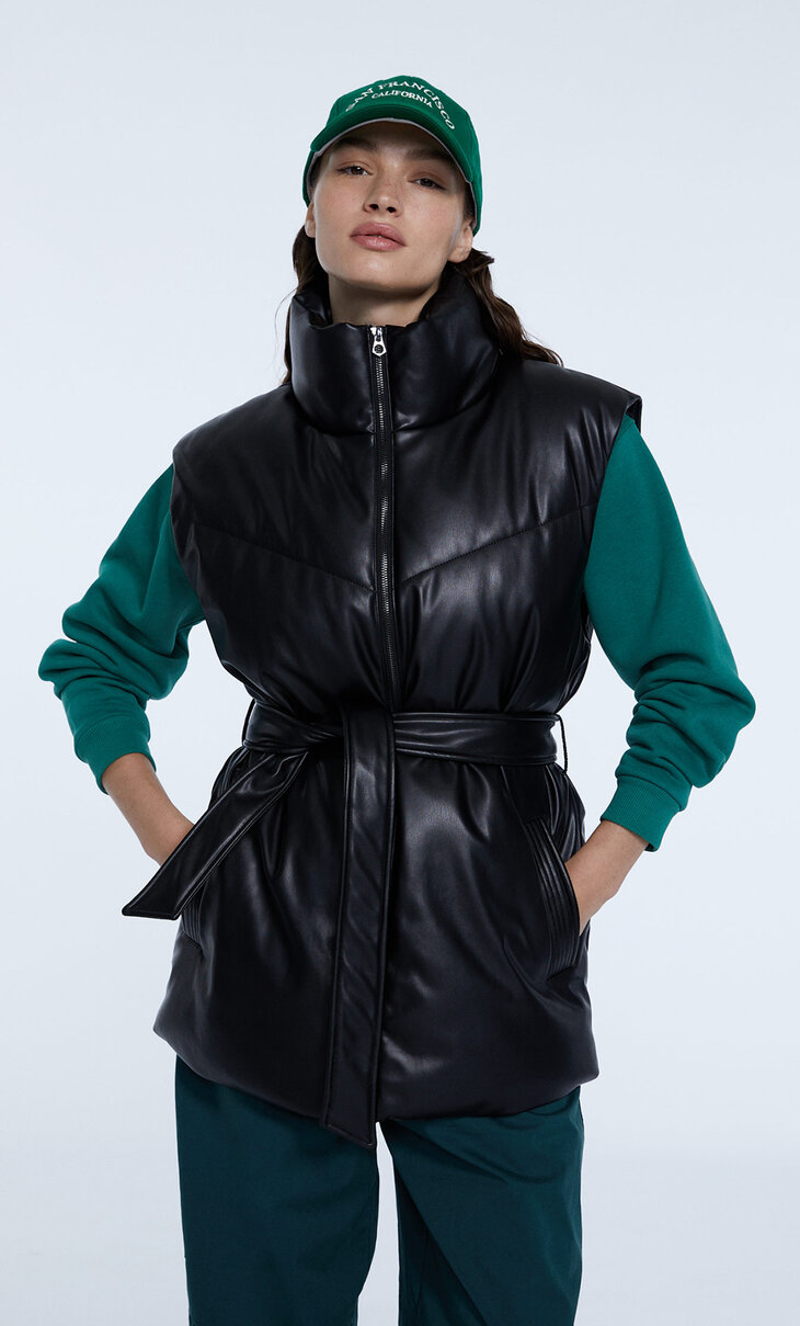 Faux leather puffer gilet with belt