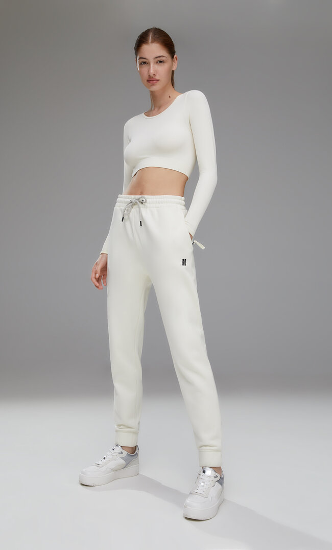 

Stradivarius Spodnie Jogger Z Wysokim Stanem I Logo Ecru L