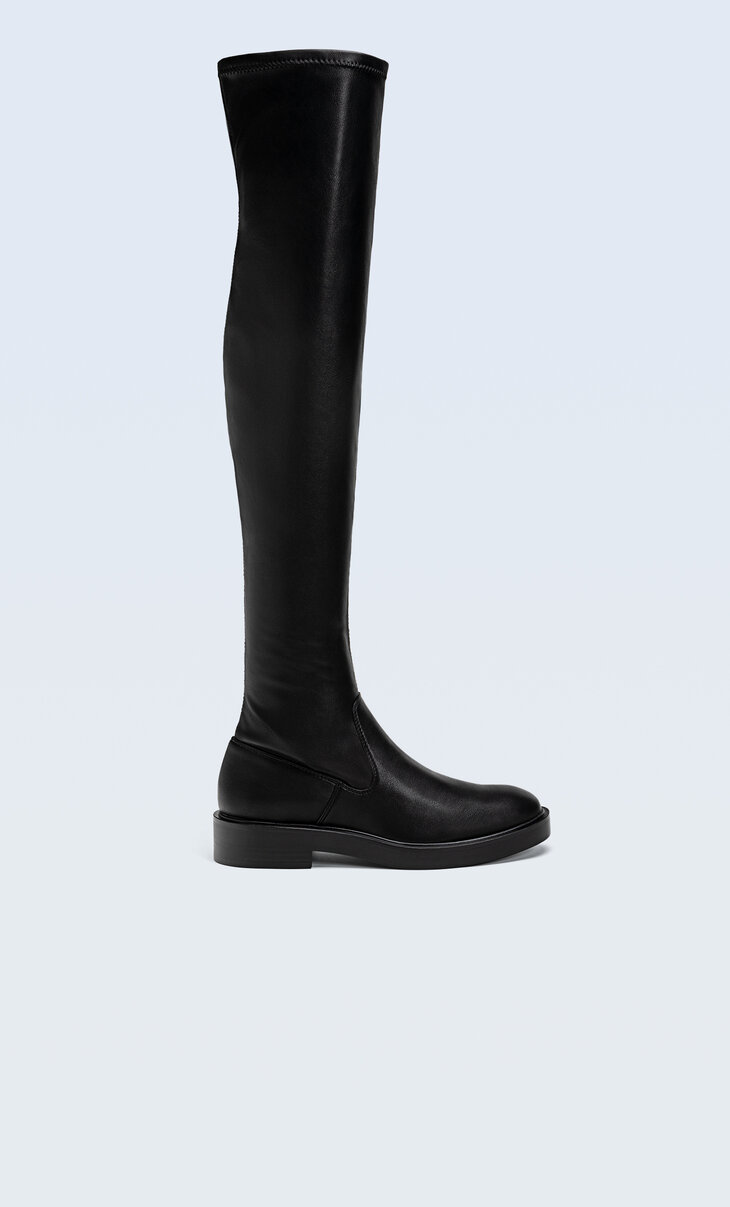 Flat black knee-high boots