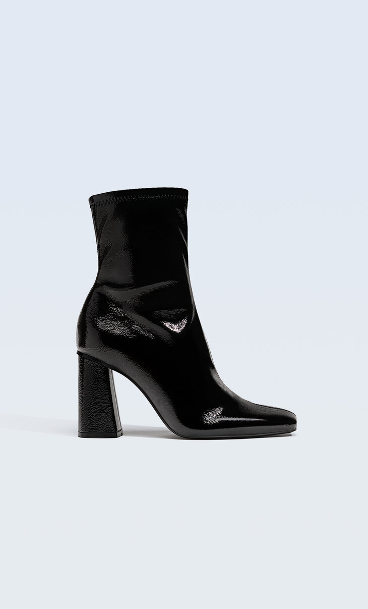 Faux-patent-finish high-heel ankle boots