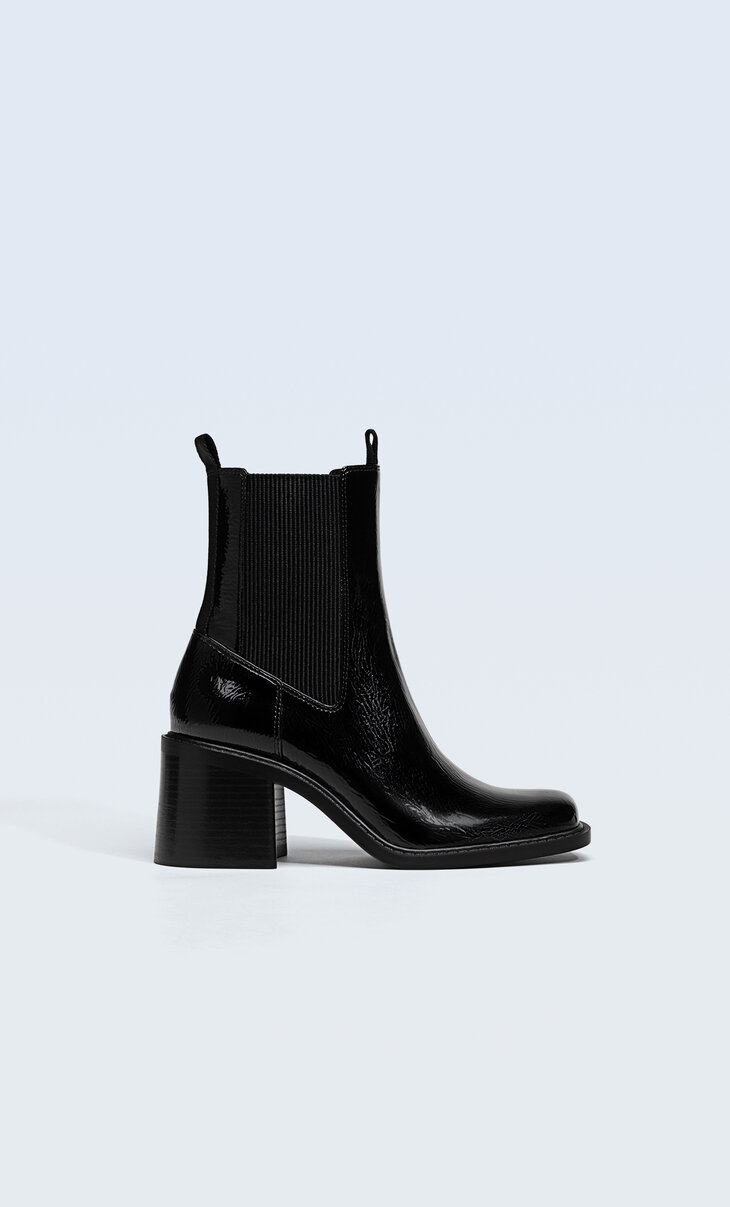 Faux-patent-finish high-heel ankle boots
