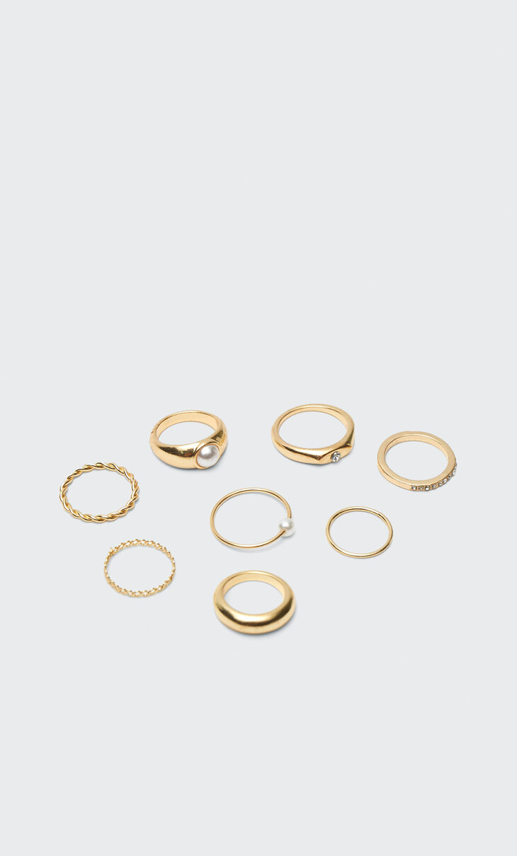 Set van 8 ringen met stras en parel