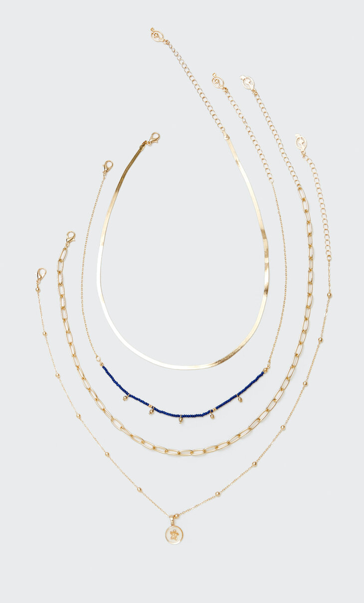 4er-Set Halsketten mit Kunstperlenbesatz und Blumen-Medaillon