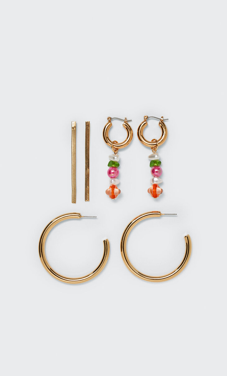 Set of 3 pairs of hoop and dangle earrings