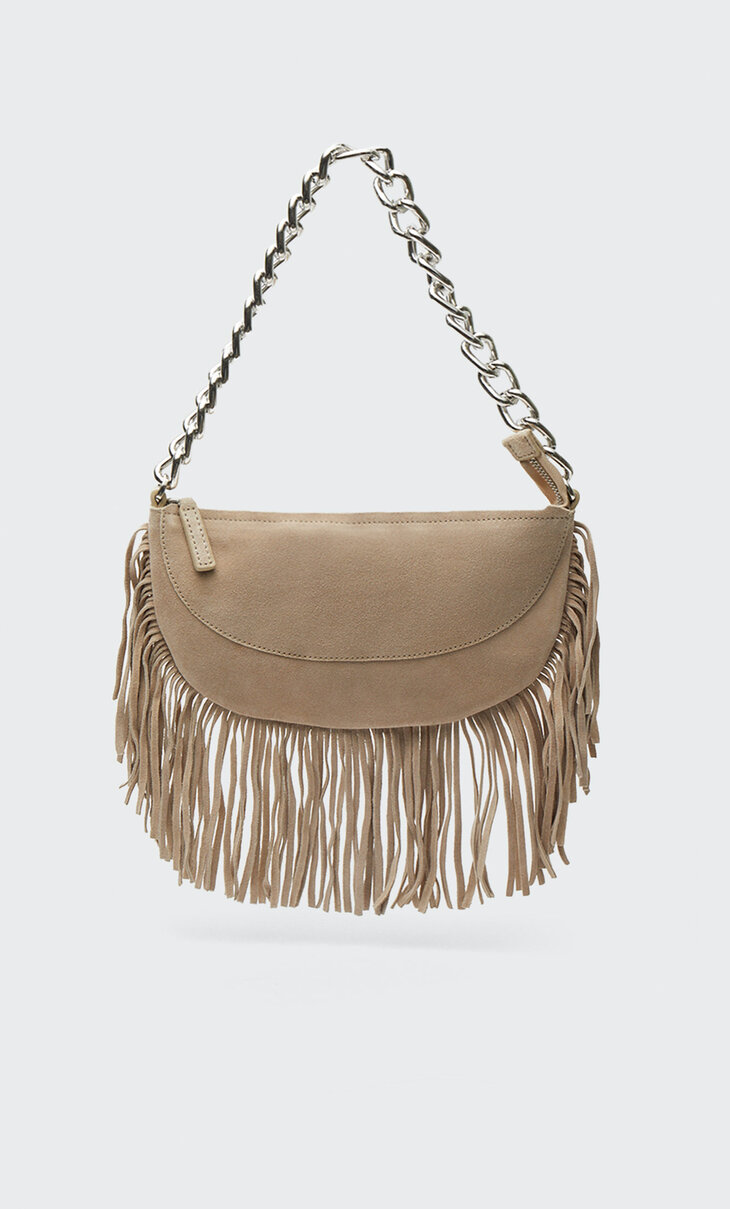 Leather crossbody bag with chain and fringing
