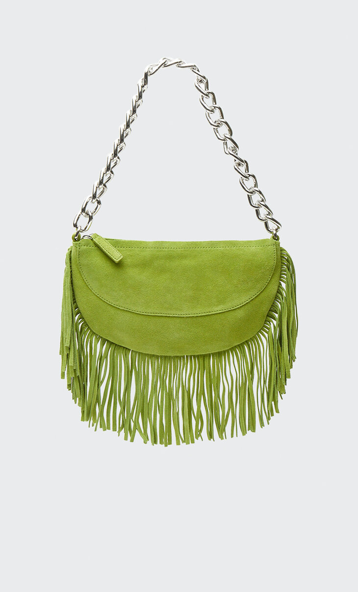 Leather crossbody bag with chain and fringing