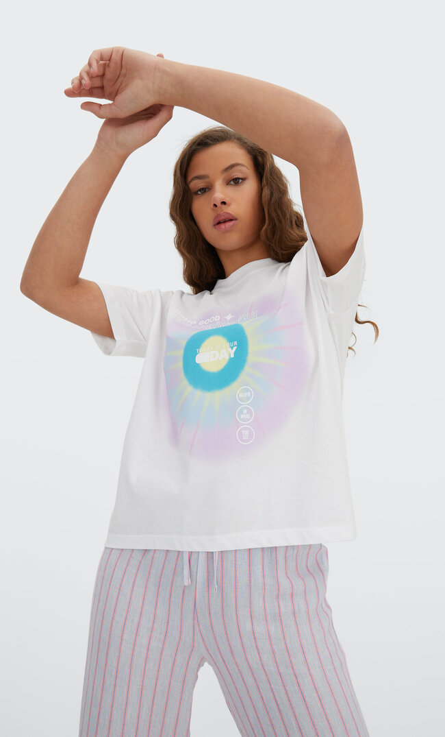 

Stradivarius Pyjamashirt Mit Print Ecru S