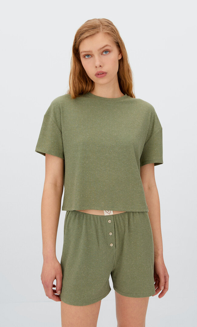 Stradivarius Prążkowana Koszulka Piżamowa Khaki S