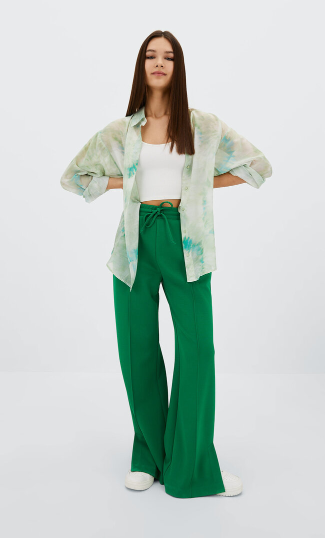 Stradivarius Wide Leg Hose Grün S
