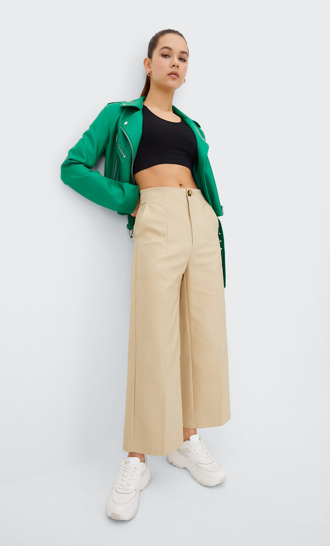 

Stradivarius Eleganckie Spodnie Culotte Beżowy 34