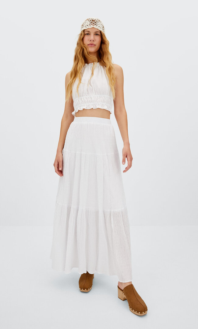 

Stradivarius Langer Rock Im Boho-Stil Weiß Xs