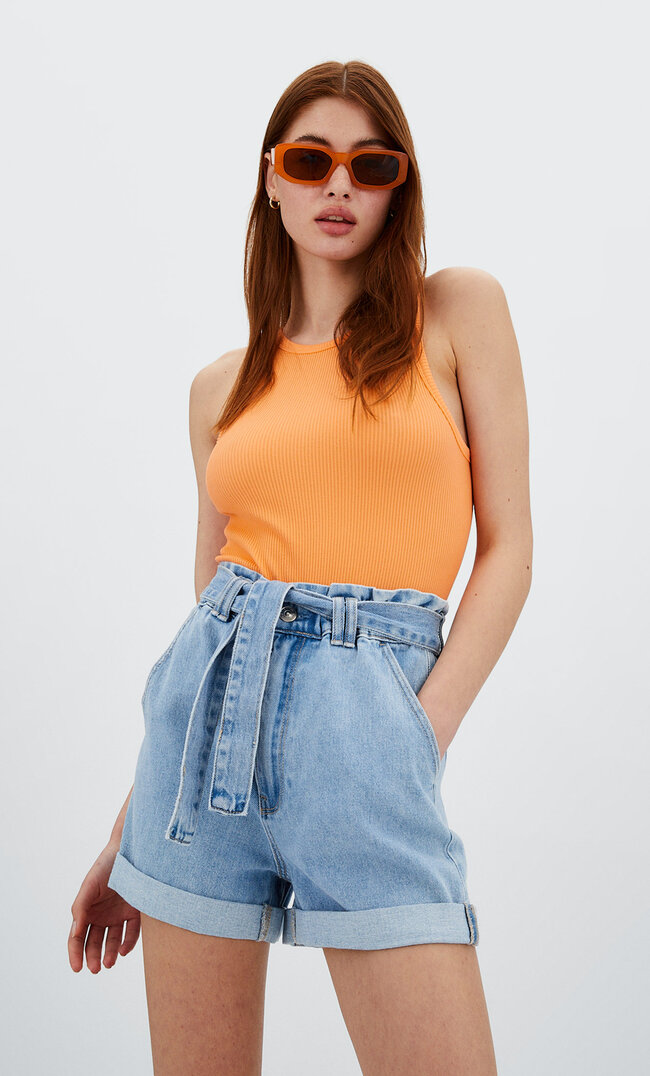 

Stradivarius Spodenki Baggy Denimowy Z Efektem Wybielenia M