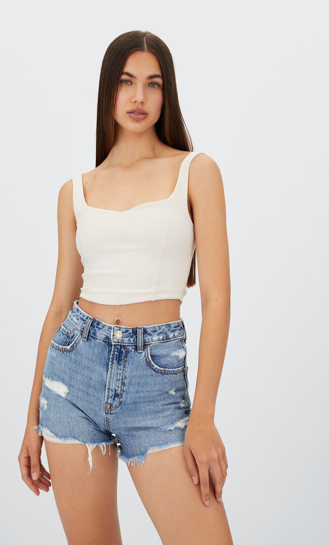 

Stradivarius Jeansshorts Mit Rissen Medium Dark Blue Denim 42