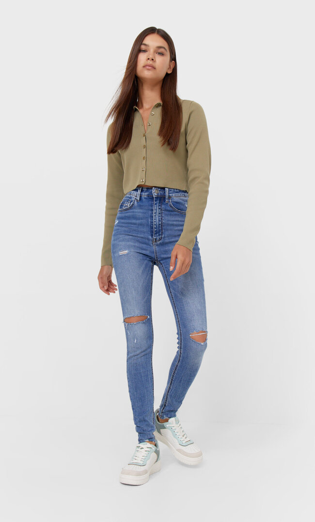 

Stradivarius Jeansy Z Bardzo Wysokim Stanem Denimowy Średni Dark Blue 38