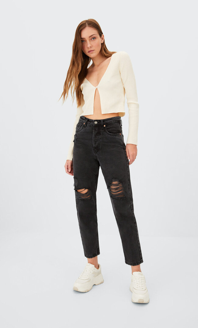 

Stradivarius Spodnie Mom Fit Z Przetarciami Czarny Denimowy Sprany 36