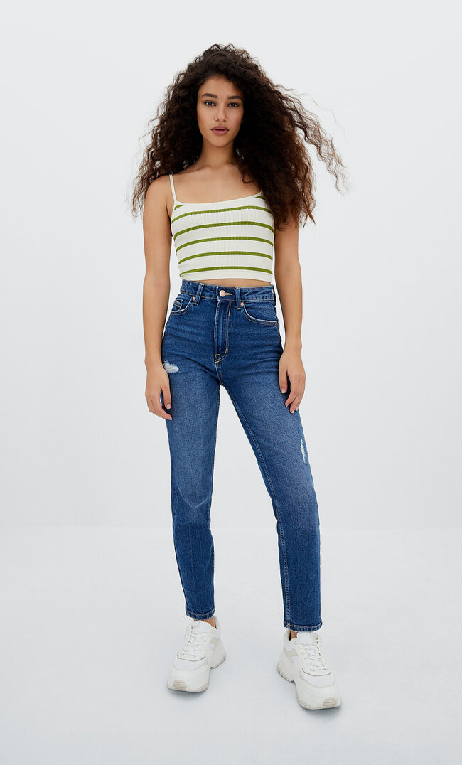 

Stradivarius Jeansy Mom Slim Fit Ciemny Denimowy 34