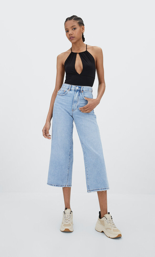 

Stradivarius Jeansy Culotte Denimowy Z Efektem Wybielenia 38