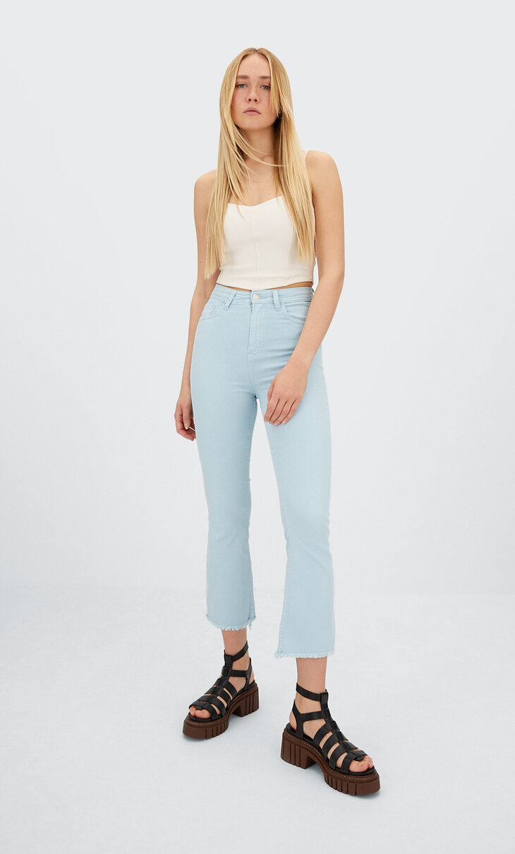 Twill cropped flare trousers