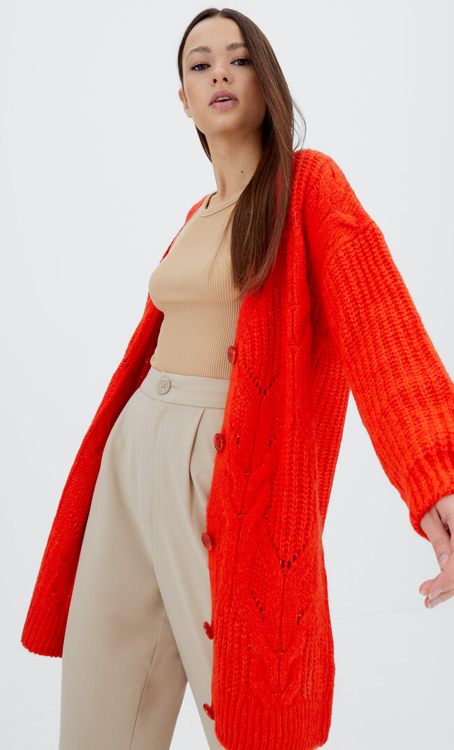 

Stradivarius Langer Cardigan Mit Zopfmuster Orange M