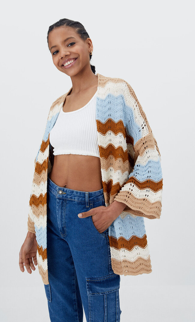 

Stradivarius Strick-Kimono Mit Lochmuster Vanille M
