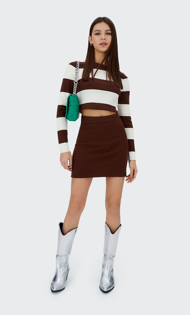 Stradivarius Dzianinowy Sweter W Paski Brązowy S