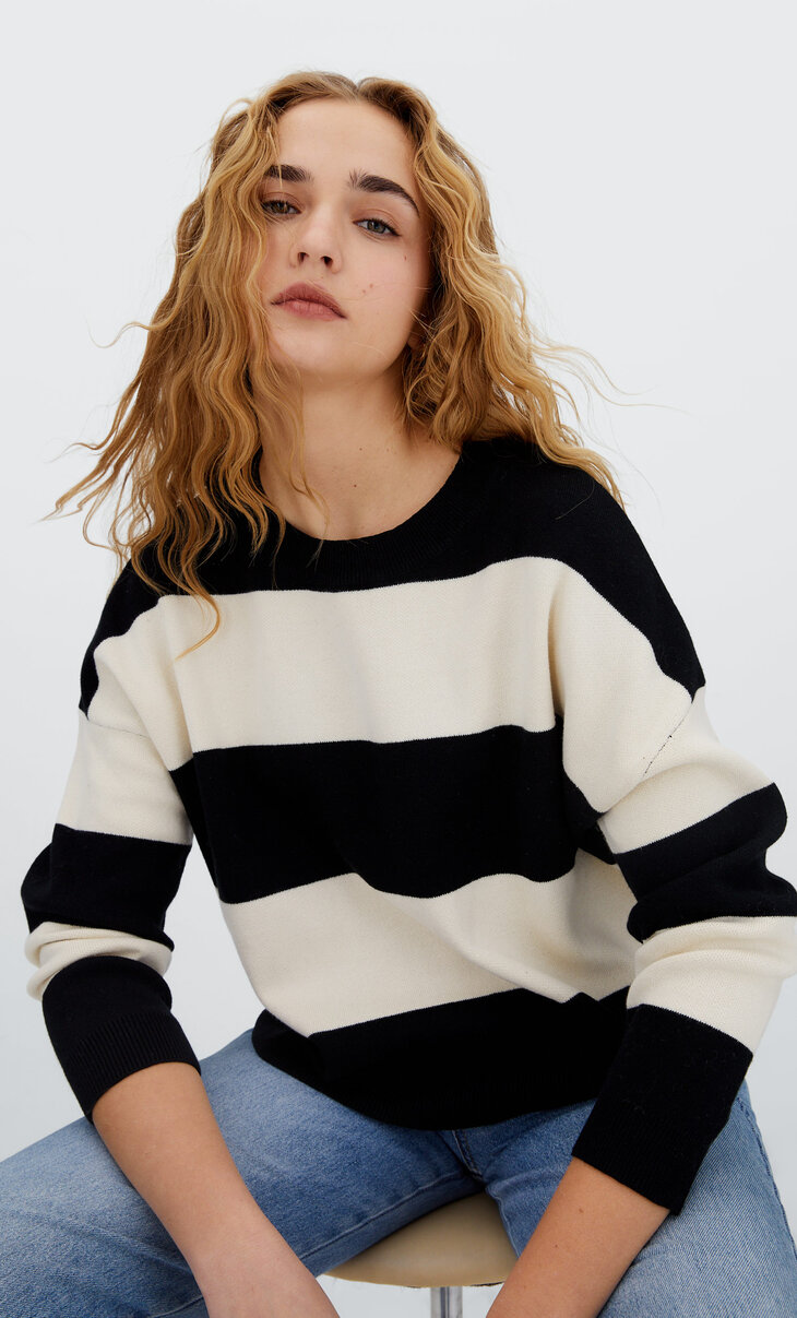 Stripe Two Colour Women\u2019s Wear Fashion Vintage Classic Design Long Sleeve Jumper Crewneck Pullover Sweatshirt Size M #A1136